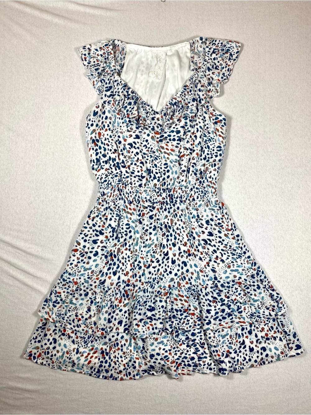 Sadie & Sage Blue White Abstract Print Ruffle Tiered Mini Dress S